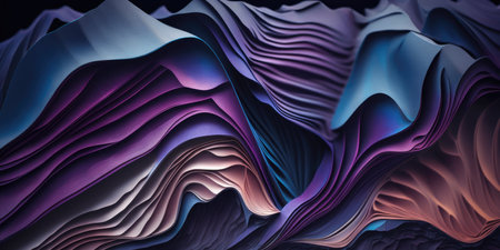 Abstract smooth waves and curves with metallic sheen of deep dark blue and amethyst purple colors, folding backdrop with a shallow depth of field bokeh blur - AI generatedの素材