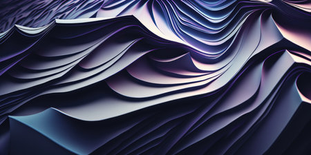 Abstract smooth waves and curves with metallic sheen of deep dark blue and amethyst purple colors, folding backdrop with a shallow depth of field bokeh blur - AI generatedの素材
