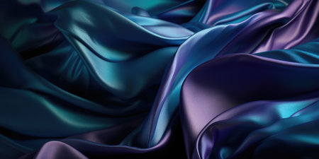 Abstract smooth waves and curves with metallic sheen of deep dark blue and amethyst purple colors, folding backdrop with a shallow depth of field bokeh blur - AI generatedの素材