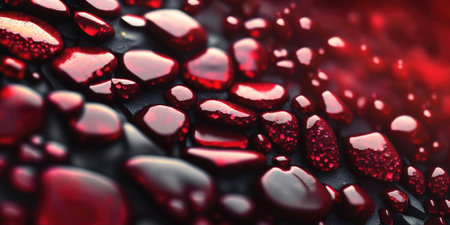 Vibrant ruby red gemstone chips, sparkling and lustrous crystals scattered on rocky floor, shallow depth of field bokeh blur, macro closeup - AI generatedの素材