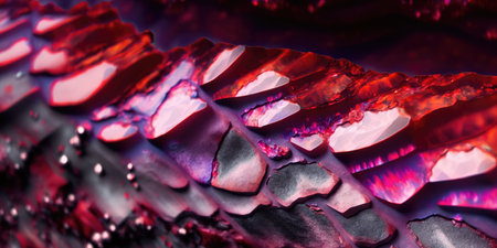 Vibrant fiery ruby red geode agate rock layers, sparkling and lustrous crystals clusters inside with striking textures and natural wavy patterns, macro closeup - Ai generatedの素材