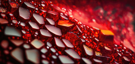 Vibrant ruby red gemstone chips, sparkling and lustrous crystals scattered on rocky floor, shallow depth of field bokeh blur, macro closeup - AI generatedの素材