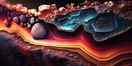 Vibrant fiery ruby red geode agate rock layers, sparkling and lustrous crystals clusters inside with striking textures and natural wavy patterns, macro closeup - Ai generatedの素材