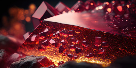 Vibrant ruby red gemstone chips, sparkling and lustrous crystals scattered on rocky floor, shallow depth of field bokeh blur, macro closeup - AI generatedの素材
