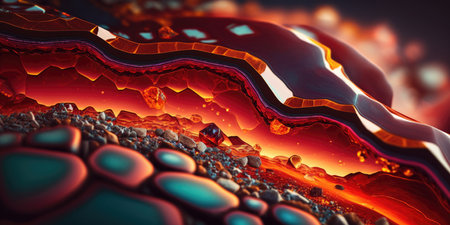 Vibrant fiery ruby red geode agate rock layers, sparkling and lustrous crystals clusters inside with striking textures and natural wavy patterns, macro closeup - Ai generatedの素材