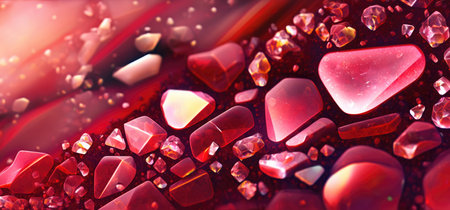 Vibrant ruby red gemstone chips, sparkling and lustrous crystals scattered on rocky floor, shallow depth of field bokeh blur, macro closeup - AI generatedの素材