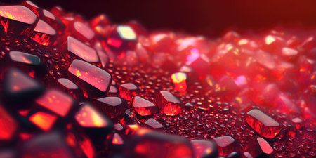 Vibrant ruby red gemstone chips, sparkling and lustrous crystals scattered on rocky floor, shallow depth of field bokeh blur, macro closeup - AI generatedの素材