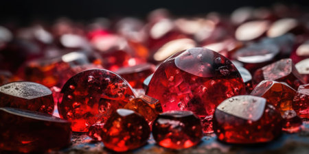 Vibrant ruby red gemstone chips, sparkling and lustrous crystals scattered on rocky floor, shallow depth of field bokeh blur, macro closeup - AI generatedの素材