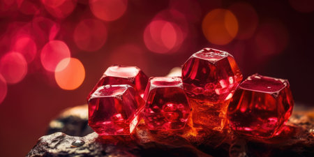 Vibrant ruby red gemstone chips, sparkling and lustrous crystals scattered on rocky floor, shallow depth of field bokeh blur, macro closeup - AI generatedの素材