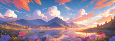 Beautiful idyllic early morning sunrise over mountains and lake with pristine countryside and pretty wildflowers blooming, bright sunshine golden hour orange clouds - Ai generatedの素材