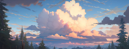 Heavenly early morning sunrise over vast foggy pine tree mountain range stretching to the horizon with pristine natural beauty and pretty wildflowers blooming - Ai generatedの素材