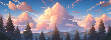 Heavenly early morning sunrise over vast foggy pine tree mountain range stretching to the horizon with pristine natural beauty and pretty wildflowers blooming - Ai generatedの素材
