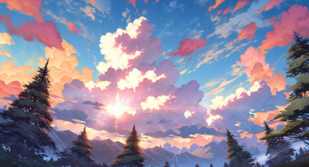 Heavenly early morning sunrise over vast foggy pine tree mountain range stretching to the horizon with pristine natural beauty and pretty wildflowers blooming - Ai generatedの素材