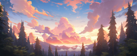 Heavenly early morning sunrise over vast foggy pine tree mountain range stretching to the horizon with pristine natural beauty and pretty wildflowers blooming - Ai generatedの素材