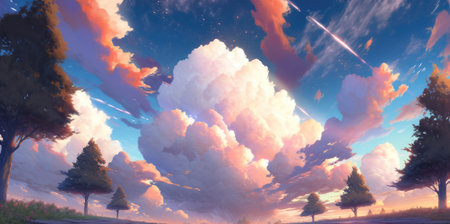 Heavenly early morning sunrise over vast foggy pine tree mountain range stretching to the horizon with pristine natural beauty and pretty wildflowers blooming - Ai generatedの素材