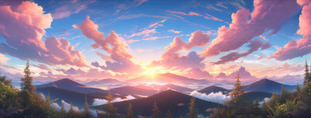 Heavenly early morning sunrise over vast foggy pine tree mountain range stretching to the horizon with pristine natural beauty and pretty wildflowers blooming - Ai generatedの素材