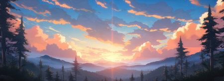 Heavenly early morning sunrise over vast foggy pine tree mountain range stretching to the horizon with pristine natural beauty and pretty wildflowers blooming - Ai generatedの素材