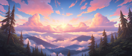 Heavenly early morning sunrise over vast foggy pine tree mountain range stretching to the horizon with pristine natural beauty and pretty wildflowers blooming - Ai generatedの素材