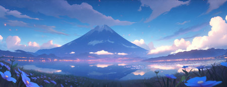 Panoramic view of peaceful early morning twilight hour dormant volcanic mountain and lake with pristine countryside and pretty wildflowers blooming, starry night sky - Ai generatedの素材