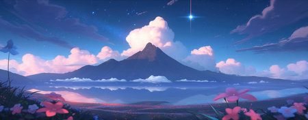 Panoramic view of peaceful early morning twilight hour dormant volcanic mountain and lake with pristine countryside and pretty wildflowers blooming, starry night sky - Ai generatedの素材