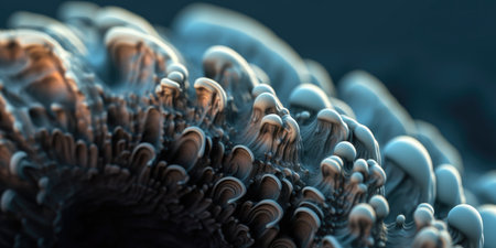 Abstract alien-like abalone coral shell, wavy grooved patterns with ridges and fractal curves, highly detailed marine texture macro closeup shallow depth bokeh - Ai generatedの素材