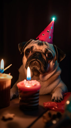 Very special birthday for pug dog wearing cone shaped pink party hat and waiting for candles to be blown so he can eat his favorite cupcakes. Memorable portrait - Ai generatedの素材