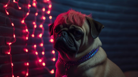 Pug dog looking seriously cool sporting a colorful rainbow cyber goth hairstyle wig, alternative canine pet portrait with jewelry, red nightclub backlight - Ai generatedの素材