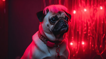 Pug dog looking seriously cool sporting a colorful rainbow cyber goth hairstyle wig, alternative canine pet portrait with jewelry, red nightclub backlight - Ai generatedの素材