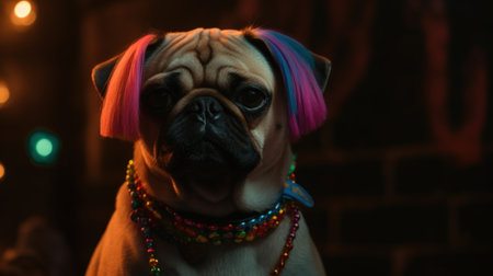 Pug dog looking seriously cool sporting a colorful rainbow cyber goth hairstyle wig, alternative canine pet portrait with jewelry, red nightclub backlight - Ai generatedの素材