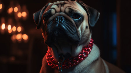 Adorably grumpy bouncer pug dog with large chain necklace keeping watch at nightclub entrance, cool and edgy alternative canine pet portrait, red nightclub backlight - Ai generatedの素材