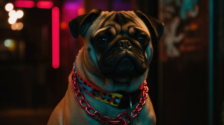 Adorably grumpy bouncer pug dog with large chain necklace keeping watch at nightclub entrance, cool and edgy alternative canine pet portrait, red nightclub backlight - Ai generatedの素材