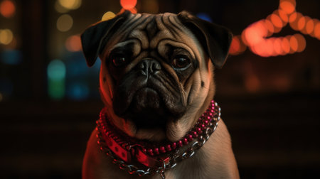 Adorably grumpy bouncer pug dog with large chain necklace keeping watch at nightclub entrance, cool and edgy alternative canine pet portrait, red nightclub backlight - Ai generatedの素材