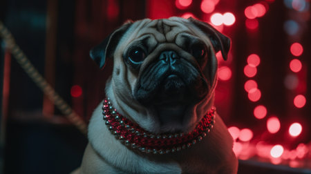 Adorably grumpy bouncer pug dog with large chain necklace keeping watch at nightclub entrance, cool and edgy alternative canine pet portrait, red nightclub backlight - Ai generatedの素材
