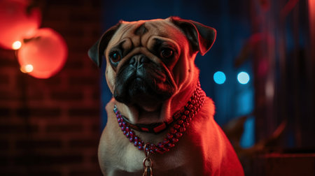Adorably grumpy bouncer pug dog with large chain necklace keeping watch at nightclub entrance, cool and edgy alternative canine pet portrait, red nightclub backlight - Ai generatedの素材