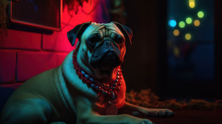 Adorably grumpy bouncer pug dog with large chain necklace keeping watch at nightclub entrance, cool and edgy alternative canine pet portrait, red nightclub backlight - Ai generatedの素材