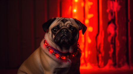 Adorably grumpy bouncer pug dog with large chain necklace keeping watch at nightclub entrance, cool and edgy alternative canine pet portrait, red nightclub backlight - Ai generatedの素材