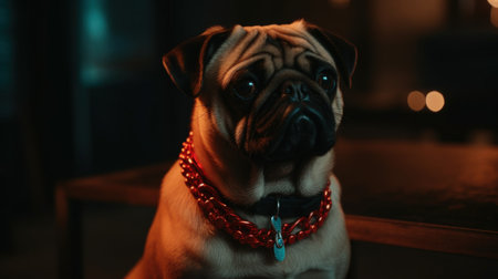 Adorably grumpy bouncer pug dog with large chain necklace keeping watch at nightclub entrance, cool and edgy alternative canine pet portrait, red nightclub backlight - Ai generatedの素材