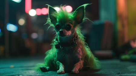 Grumpy Chihuahua dog unimpressed with his green dyed hair, funny canine portrait, cute but ugly, adorably different, urban street at night - generative aiの素材