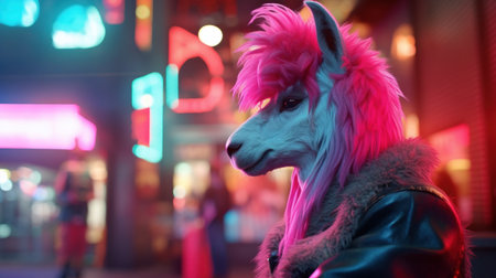 Cyberpunk goth Llama in the city looking for a fun time visiting night life attractions and nightclubs, wearing a bright hot pink wig, edgy and cool animal portrait - Ai generatedの素材