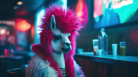 Cyberpunk goth Llama in the city looking for a fun time visiting night life attractions and nightclubs, wearing a bright hot pink wig, edgy and cool animal portrait - Ai generatedの素材
