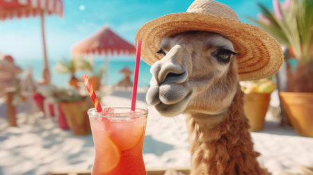 Summer holiday at the beach bar with Llama on a relaxing vacation, wearing straw hat and drinking the most refreshing and delicious cocktail drinks, animal portrait - Ai generatedの素材