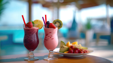 Hot summer holiday at the beach bar with refreshing ice cold cocktail smoothies and fresh fruits, tropical bliss in glass, healthy living, organic vegan - Ai generatedの素材