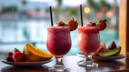 Hot summer holiday at the beach bar with refreshing ice cold cocktail smoothies and fresh fruits, tropical bliss in glass, healthy living, organic vegan - Ai generatedの素材