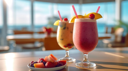 Hot summer holiday at the beach bar with refreshing ice cold cocktail smoothies and fresh fruits, tropical bliss in glass, healthy living, organic vegan - Ai generatedの素材