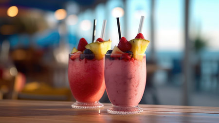 Hot summer holiday at the beach bar with refreshing ice cold cocktail smoothies and fresh fruits, tropical bliss in glass, healthy living, organic vegan - Ai generatedの素材