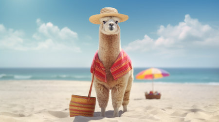 Alpaca on vacation at the beach enjoying a very bright and hot summer day on a tropical island far away, trendy holiday straw hat, blissful and relaxing vibe - Ai generatedの素材