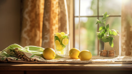 Fresh lemonade and lime fruit slices on a tablecloth near beautiful rural cottage kitchen window with natural sunshine, old rustic wooden table, organic homegrown - Ai generatedの素材