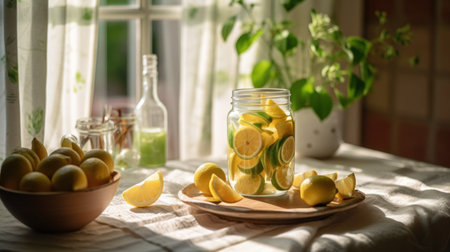 Fresh lemonade and lime fruit slices on a tablecloth near beautiful rural cottage kitchen window with natural sunshine, old rustic wooden table, organic homegrown - Ai generatedの素材