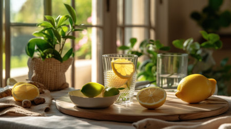 Fresh lemonade and lime fruit slices on a tablecloth near beautiful rural cottage kitchen window with natural sunshine, old rustic wooden table, organic homegrown - Ai generatedの素材