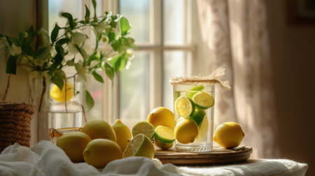 Fresh lemonade and lime fruit slices on a tablecloth near beautiful rural cottage kitchen window with natural sunshine, old rustic wooden table, organic homegrown - Ai generatedの素材